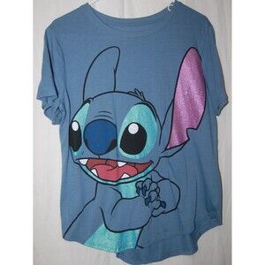 Disney Stitch Graphic Sparkle Gray Blue Cotton Blend T-shirt Womens Sz XL
